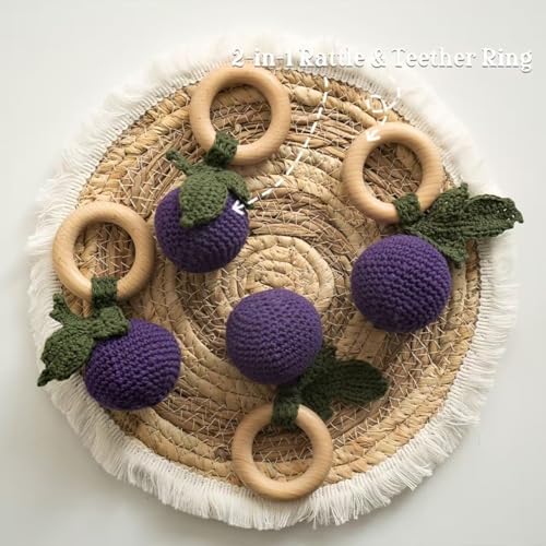 Wooden Baby Rattle Toys Stuffed Crochet Rattle with Teether Ring for Newborn Babies Fruit Wooden Teether Toy Infant Toddler Handcrafted Crochet Rattles Cute Shower Gifts for Boy and Girls - Image 4