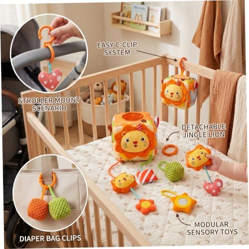 Baby Tissue Box Toy, Montessori Car Seat Toys for Babies - Detachable Hanging Pram Toy with Sensory Attachments, Orange - Image 2