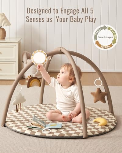 Blissful Diary Baby Play Gym Mat, Play Mat Activity Mat with 6 Detachable Toys for Stage-Based Sensory & Motor Skill Development, Easy to Install & Clean, Baby Essentials Gift, Brown Checkerboard - Image 3