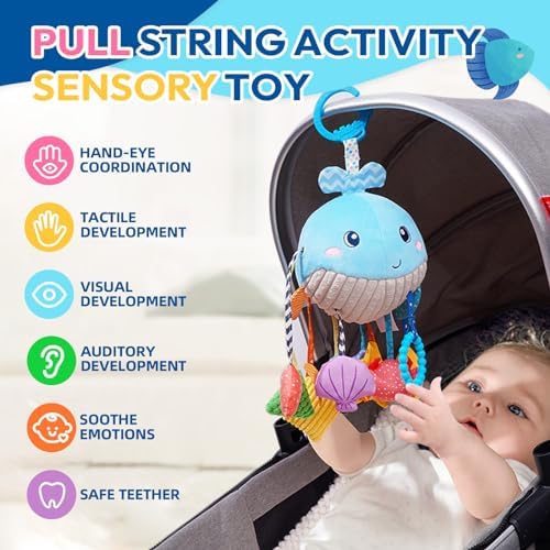 Jollybaby Activity Pull String Hanging Toy for Baby Stroller Car Seat Crib Play Gym, Plush Stuffed Ocean Whale Toy for Carseat with Teether Rattles, Montessori Sensory Toy for Baby Gift - Image 2