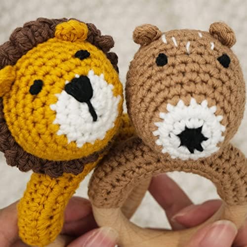 Joliecraft Woodland Friends Baby Rattle Shaker Toy with Wooden Teething Ring for Infants 3 6 9 12 Months Crochet Lion - Image 3