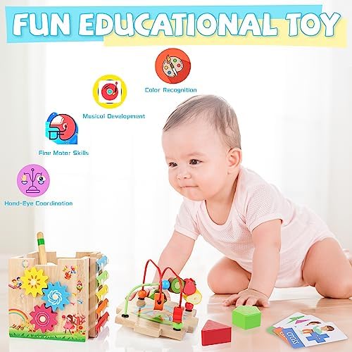 Bravmate Wooden Activity Cube, 8-in-1 Wooden Montessori Learning Toys for 18 M+ Toddlers, One Year Old First Birthday Gift, Baby Toy Set with Bonus Sorting & Stacking Board - Image 4