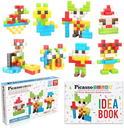 PicassoTiles 102pcs Pixel Magnetic Puzzle Cube 1” Pixel Mix & Match Toys with Ideabook STEM Education Learning Building Block Magnets Construction ToySet Stacking Creative Kit for Kids Age 3+ PMC102 by PicassoTiles
