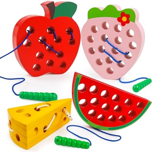 Wooden Toys Lacing Toys for Kids 3-5,Plane Activities Car Travel Toy Montessori Educational Learning Threading Toys for Fine Motor Easter Basket Stuffers Gift for Boys Girls(4 pcs) by NAODONGLI