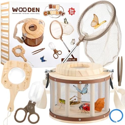 GAGAKU Wooden Bug Catcher Kit for Kids 4-8, Outdoor Explorer Set with Expandable Butterfly Net, Magnifying Glass, Tweezers, Educational Catching Toy for Backyard Camping, Gift for Boys Girls by GAGAKU