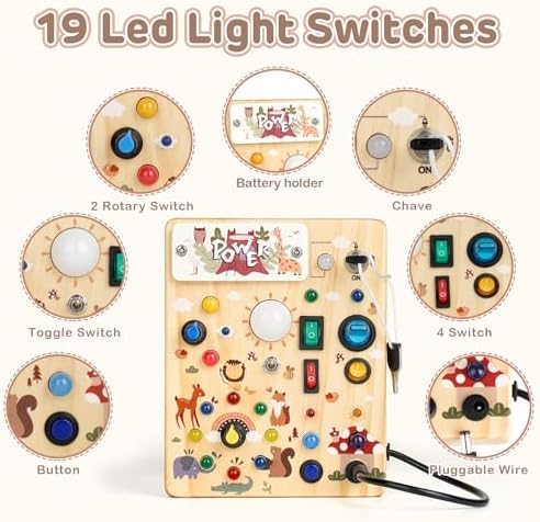 LED Busy Board for Toddlers 1-3,Montessori Toy with Key Switch, Light Up Wood Activity Sensory Board for Fine Motor Skills, Educational Travel Toy Gift for 1 2 3 Year Old Boys Girl - Image 2