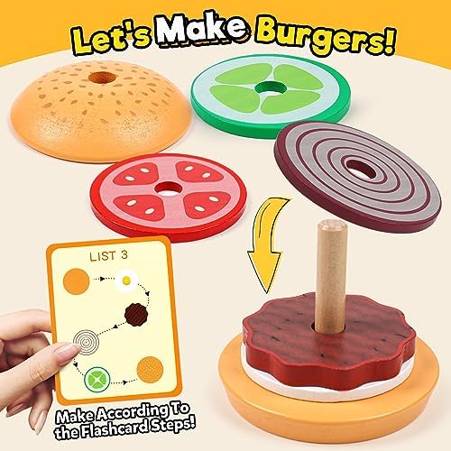 Kizh Wooden Burger Sorting Stacking Toy for Toddlers - Preschool Montessori Educational Fine Motor Toys for Kids Boys Girls - Image 3