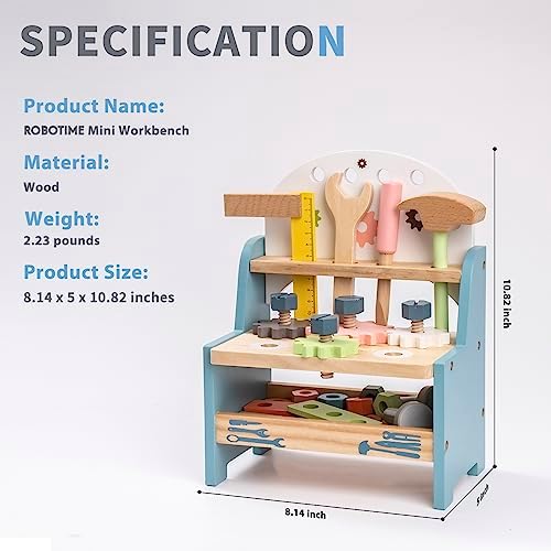 ROBOTIME Tool Bench Set for Toddlers - Mini Wooden Work Bench for Kids, Construction Toys w/Wooden Tools, Educational Pretend Play Gift Building Toy Tools Set for 18 Months 2 3 4 5 Boys Girls - Image 6