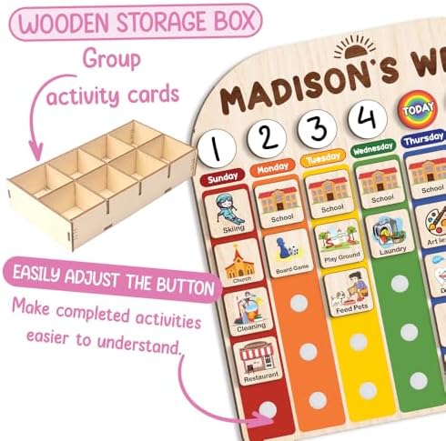 Personalized Wooden Weekly Planner for Kids, Weekly Routine Chart 15x16", Visual Schedule for Kids, Day of the Week Activities for Boys Girls - Image 6