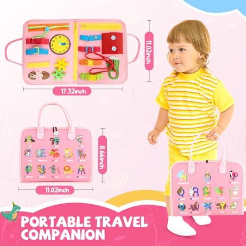 Toddler Busy Board, Montessori Sensory Toys for Boys, 3-8 Year Old Girl Toddler Travel Toys, Educational Learning Activities Board for Motor Skills, Birthday Gifts for Airplane Car, Pink - Image 2