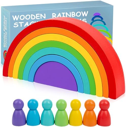 Wooden Rainbow Stacking Toy, Wood Peg Dolls Stacker Arch Game, Montessori Arch Bridge Rainbow Building Blocks, Colorful Stacking Blocks Puzzles for Kids 2 3 4 5 Years Old, Rainbow Decor Toys by TUOWITA