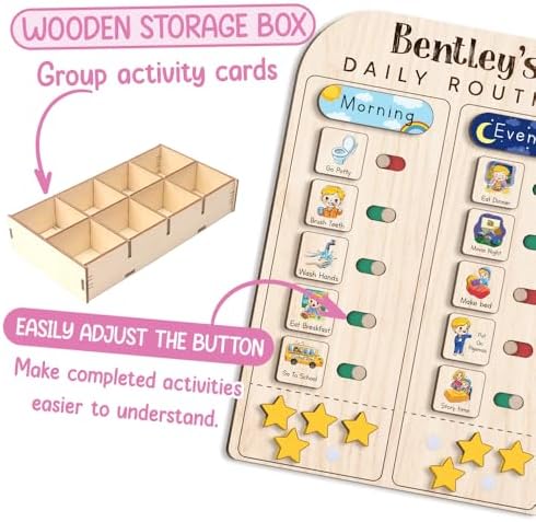 TinyKidz Large Daily Routine for Toddlers 11x16", Kids Daily Routine with Stars, Daily Responsibility Chart for Boys Girls, Wooden Routine Chart for Kids (08) - Image 4