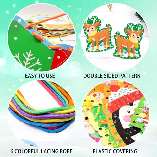 Winter Animal Lacing Cards For Kids 12 Packs Double Sided Sewing Kits Christmas Sewing Cards Educational & Learning Activities Fine Motor Skill for Boys Girls School Winter Holiday Party Supplies - Image 3