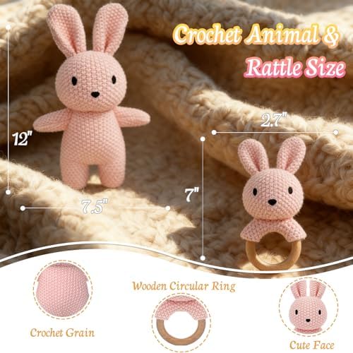 12" Handmade Crochet Rabbit Stuffed Animal, Baby-Safe Cotton Plush with Rattle, Hypoallergenic Toy for Newborns 0-12 Months, Ideal Baby Shower & 1st Birthday Gift - Image 2