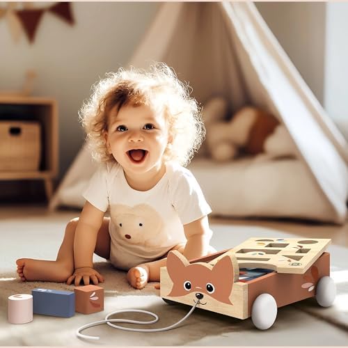 SPEEDY MONKEY Wooden Fox Blocks Cart | 24-Block Wagon Pull Toy Kids Gift - Image 2