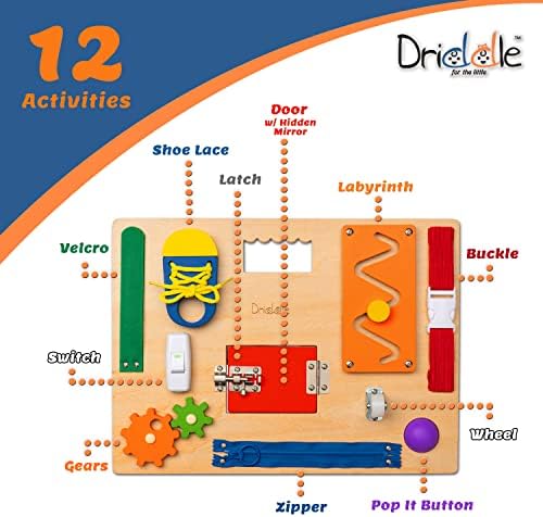 Driddle Busy Board - Wooden Montessori Activity Board for Toddlers & Kids - 12 Educational Sensory Toys to Learn Basic Life Skills & Develop Fine Motor Skills + Baby Mirror - Image 2