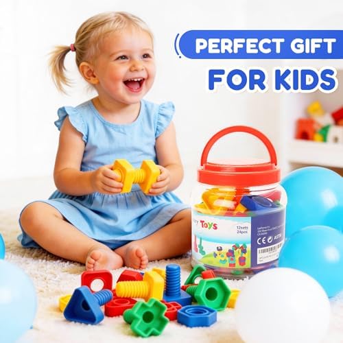 LotFancy Nuts and Bolts, 24pcs Fine Motor Skills Occupational Therapy Toys for Kids, Shapes and Colors Matching Toys, Montessori Building Construction Game with Storage Box for Baby and Toddlers - Image 7