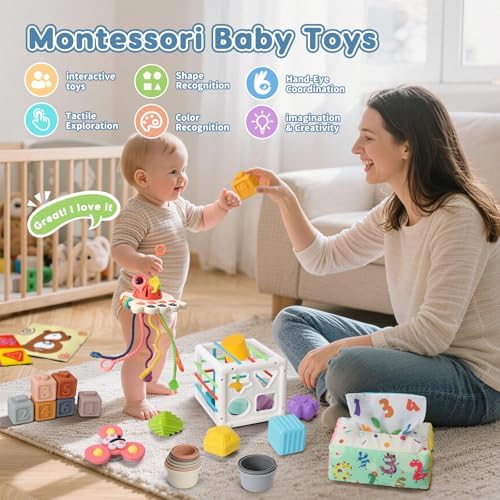 6 in 1 Montessori Baby Toys for 6-12 Months — Pull String Toy, Sensory Bin, Stacking Cups, Tissue Box, Suction Cup Spinner, Stacking Blocks, Infant Gift Set for 1-3 Year Old Boy Girls - Image 2