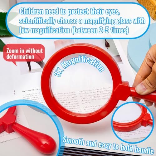 Lewtemi Kids Science Learning Toys Kids Magnifying Glass with Stand Grasp Jumbo Magnifiers 3X Magnification Exploration Preschool Learning Toys for Reading Book Map Insect (Red) - Image 3