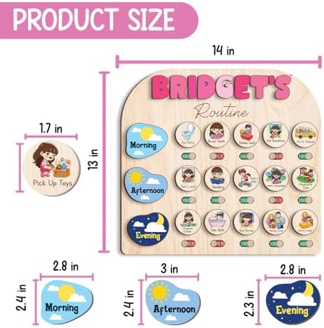 TinyKidz Wooden Chore Chart for Kids, Visual Schedule, Routine Chart, Bedtime Routine Chart, Daily Kids Schedule Board, 12x11 inches, 17 - Image 2