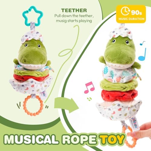Jollybaby Baby Musical Pull String Hanging Toy for Stroller Car Seat Crib Play Gym, Plush Stuffed Dinasour Toy for Carseat with Music Teether Crinkle Paper, Sensory Toy for 0-6-12-18 Months Baby Gift - Image 3