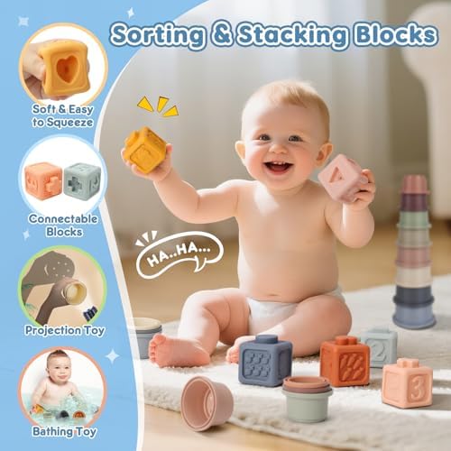 6 in 1 Montessori Baby Toys for 6-12 Months — Pull String Toy, Sensory Bin, Stacking Cups, Tissue Box, Suction Cup Spinner, Stacking Blocks, Infant Gift Set for 1-3 Year Old Boy Girls - Image 4