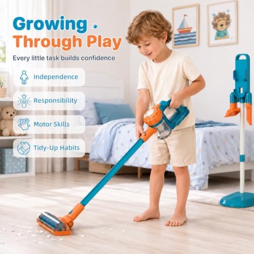 3-in-1 Kids Vacuum that Really Works - Toddler Vacuum Cleaner with Real Suction, Pretend Play Housekeeping & Cleaning Toy Set for Kids Ages 3+ (Blue) - Image 5