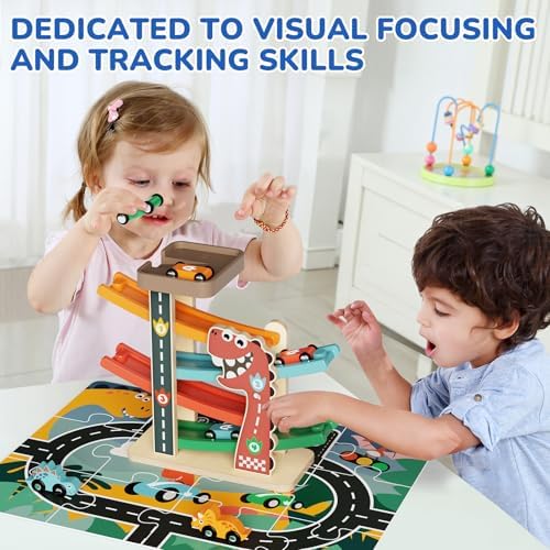 Montessori Car Ramp Toy for Children 18m+ Wooden Dinosaur Race Cars Track - Image 3