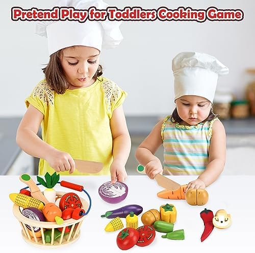 Wooden Vegetable Toys for Children,Pretend Play Food Set for Kid, Magnetic Cutting Kitchen Toy with Picnic Basket,Baby Dinette Accessories for Toddlers Store Grocery,Gift for Girl Boy - Image 3