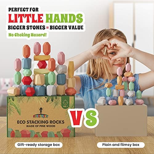 36 Pcs Wooden Stacking Blocks – Montessori Toys for 1 2 3 4 5 6 Year Old Toddlers and Kids, XL Rocks, No Choking Hazard – Sensory STEM Building Stones, for Girls and Boys - Image 5