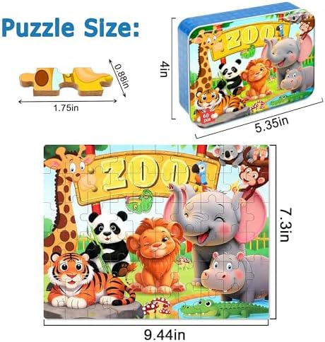 LELEMON Puzzles for Kids Ages 4-6,Zoo 60 Piece Puzzles for Kids Ages 6-8 in a Metal Box,Children Jigsaw Puzzles Kids Puzzles,Educational Learning Puzzle Toys for Girls and Boys - Image 2