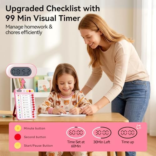 Chore Chart for Kids with Visual Timer, ADHD Tools Visual Schedule Planning Board with Slider, 20 Personalizable Cards and Magnetic Marker, Morning/Bedtime/Daily Routine Chart Checklist - Pink - Image 2