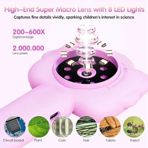 Microscope for Kids, Kids Microscope with Sample Slide, Educational Science Kit, Macro Fixed Focus Kid Mini Microscopes 500x Magnification, 32GB SD Card Include(Purple) - Image 3