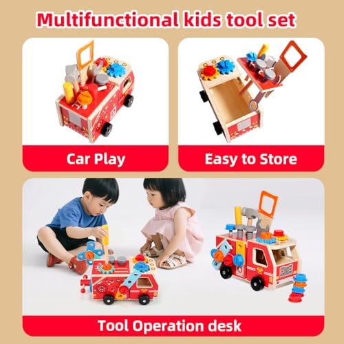 GAIETYDIY Toddler Kids Tool Set - Wooden Tools with Firetruck Shaped Box - Image 3