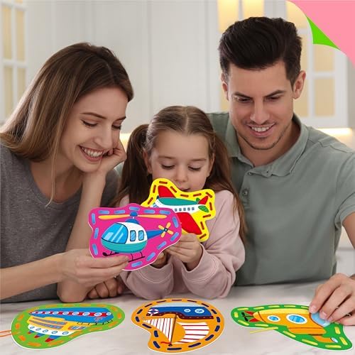 SpriteGru 9 Pieces Kids Lacing Cards, Double Sided Vehicle Sewing Cards with 9 Colorful Laces, Imagination Development Lacing Toys Games for Children Educational and Learning Activity - Image 6