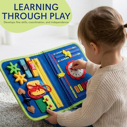 Montessori Busy Book for Toddlers 1-3 – Busy Book for 1 Year Old, Sensory Busy Board with Zipper, Buckle, Velcro & Lacing, Fine Motor Skills, Hand-Eye Coordination, Travel Toy, Gift for Boys Girls - Image 2