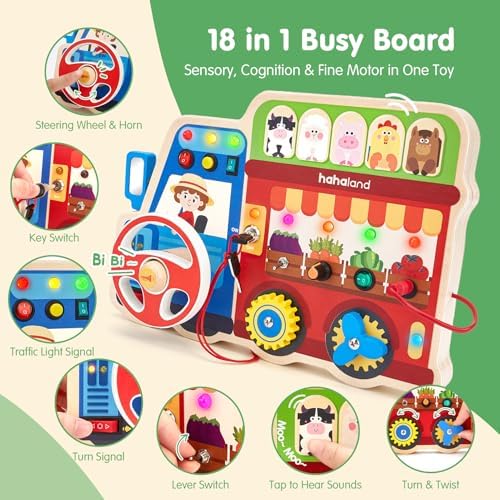 hahaland Montessori Busy Board for Toddlers 3-5, 18-in-1 Wooden Busy Board - Image 2