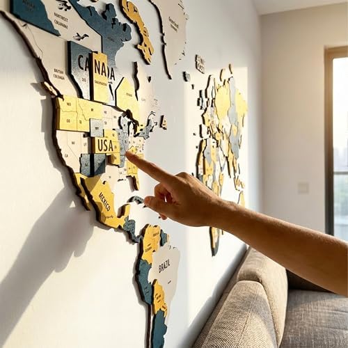 Colorfull Worlds 3D Wooden World Map Wall Art | Unique Wall Decor with Pins for Travel Enthusiasts | Home and Office Wall Décor | Gold-Blue | Large - Image 4