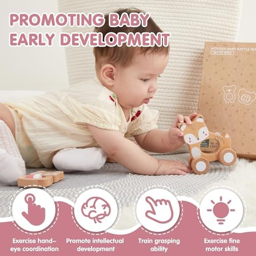 FReniland Wooden Montessori Baby Toys Set, 5-Piece Newborn Gift Set with Koala Rattle, Fox Stacking Rings & Push-Pull Toy for Boys and Girls - Image 4