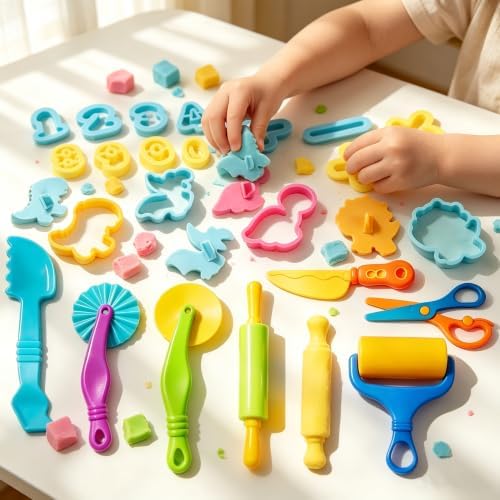 Dough Tools Sets for Kids Ages 3-8, 30 Pcs Playdough Tools Set Accessories Toys Includes Cutters Roller, Rolling Pins, Safety Scissors, Plastic Knife, Plastic Rollers - Image 3