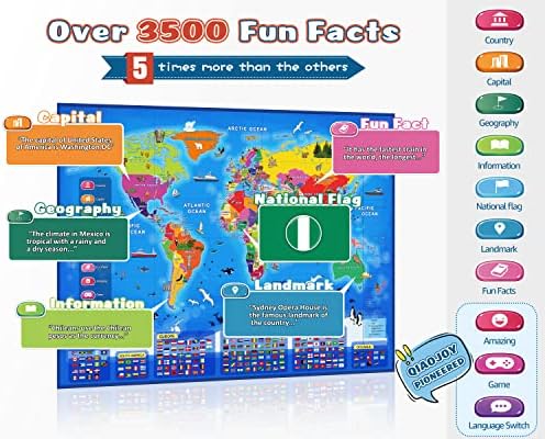 Qiaojoy Bilingual Interactive World Map for Kids Learning and Educational Toys, Talking Electronic Kids World Map i-Poster Geography Games Ages 3 to 12 Years Old, Custom Talking Birthday Gifts Card - Image 2
