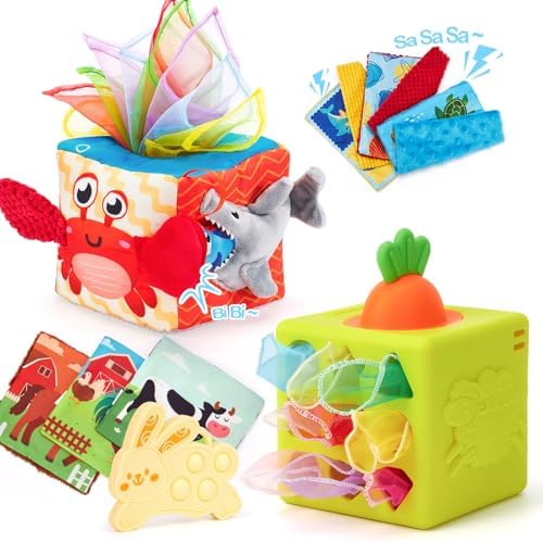 hahaland Baby Tissue Box Toy - Silicone Baby Toys 6-12 Months Montessori Toy for 6 Month Old with Scarves, Crinkle, Textures, Mirror by hahaland