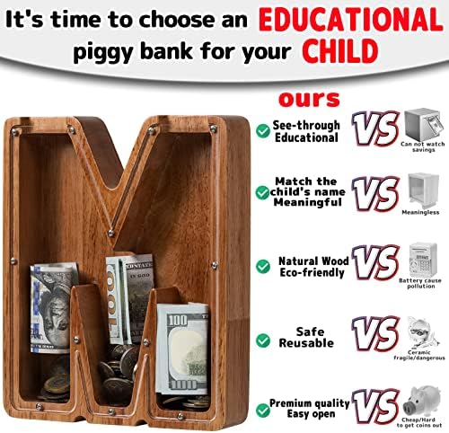 Personalized Large Wooden Kids Letter Piggy Bank - (Laser Engraved) Custom Piggy Bank for Boys Girls - Wooden Banks with Initials - Alphabet Money Box Bank Birthday Letter M Bank - Image 4