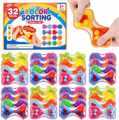 Fidget Toys Bulk for Kids: 32 Pack Quiet Color Sorting Squeeze Toys by ZaxiDeel