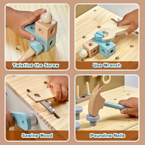 Kids Tool Set,Wooden Tools Bench with Apron Toddler Toy Workbench with Realistic Tools Electric Drill STEM Construction Toy Gifts for Age 3-9 Boys Girls - Image 4