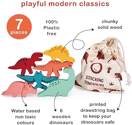 Mentari Toys - Happy Stacking Dinosaurs - 6pc Wooden Stacking Toy for Toddlers - Colorful Dinosaur Balancing Activity Toy with Bag - Boost Fine Motor Skills and Dexterity - Age 18m+ - Image 3