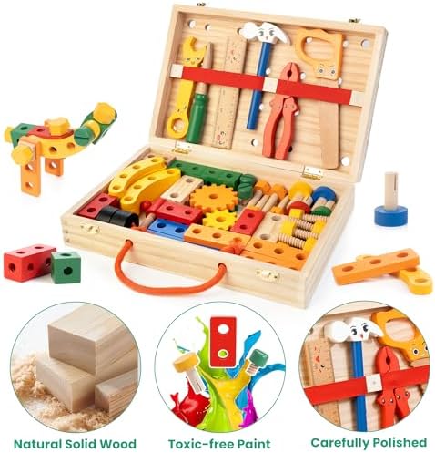WOOOMAM Kids Tool Set, 90 PCS Wooden Toddler Tool Set with Box and Flash Cards, Tool Kit for Kids Age 3-5 Years, Toddler Boy Toys, FSC Certified Material - Image 6