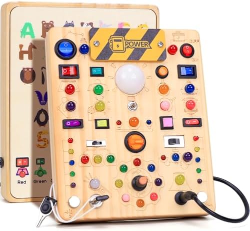 Busy Board with LED Light Switches, Montessori Toys for 1 2 3 Years Old, Toddlers Wooden Toy Sensory Activity Board, Travel Toys for 1+ Year Old Boy & Girl Birthday Gift (19 Switches) by HarVowforToddlerToys
