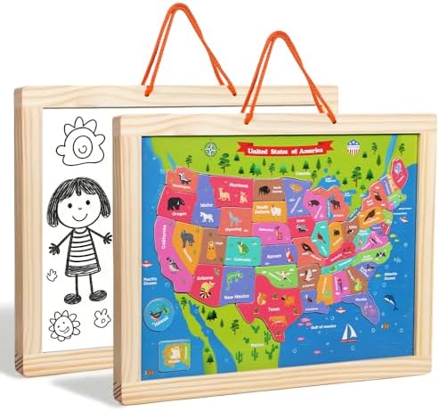 GRINNIE USA Map Puzzle for Toddlers 3 4 5 Years Old, Magnetic Wooden Jigsaw Learning Puzzle with Writing Board for Kids Age 4-6, Preschool Educational Toy Gift for Boys Girls Birthday Christmas by Unknown