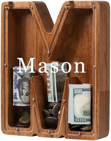 Personalized Large Wooden Kids Letter Piggy Bank - (Laser Engraved) Custom Piggy Bank for Boys Girls - Wooden Banks with Initials - Alphabet Money Box Bank Birthday Letter M Bank by Ladenk